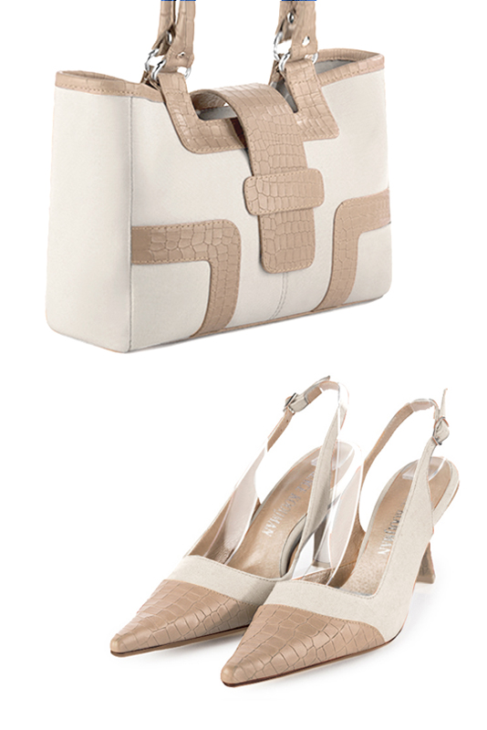 Dress handbag in off white and tan beige leather - Top view